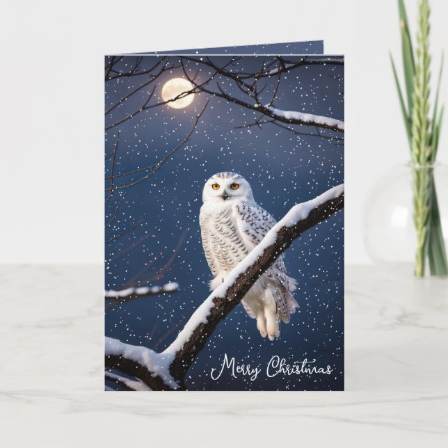 Christmas Snowy Owl In Snowflakes Holiday Card (Front)