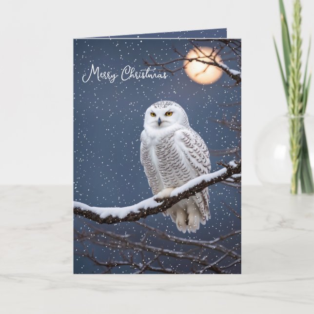 Christmas Snowy Owl In Snowflakes Holiday Card (Front)