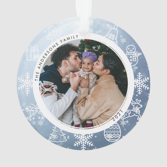Christmas Snowy Two Sided Name & Year Photo Orname Ornament (Back)