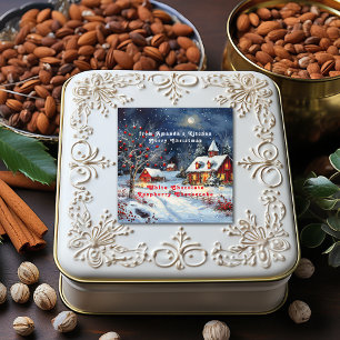 Christmas Snowy Winter Cottage Full Moon Square Sticker