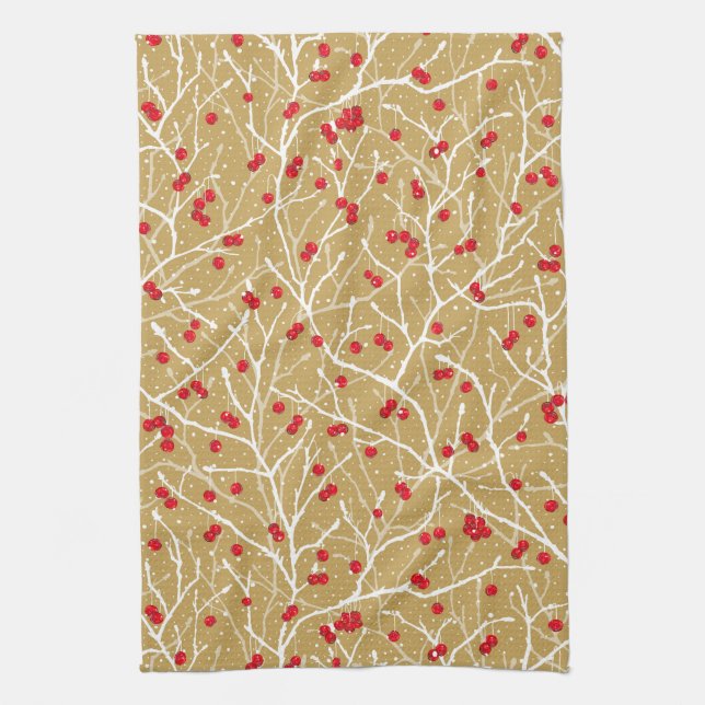 Christmas Snowy Winterberries | Gold/Red/White Tea Towel (Vertical)