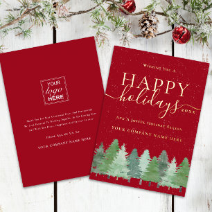 Christmas Snowy Woodland Business Logo Red Gold Foil Holiday Card