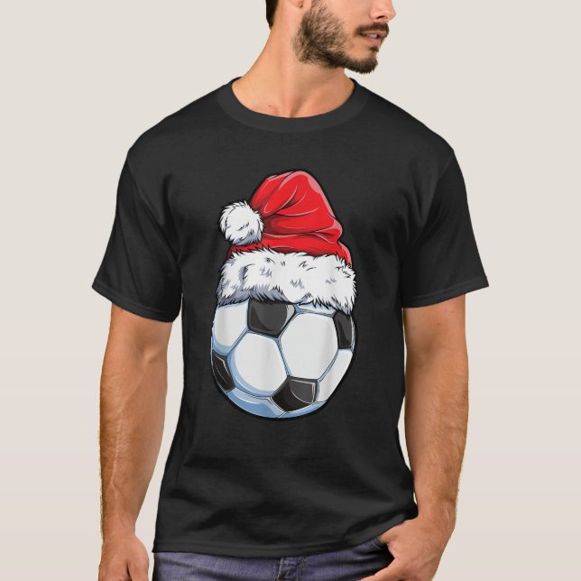 Christmas Soccer Ball Santa Hat Funny Sports Xmas  T-Shirt (Front)