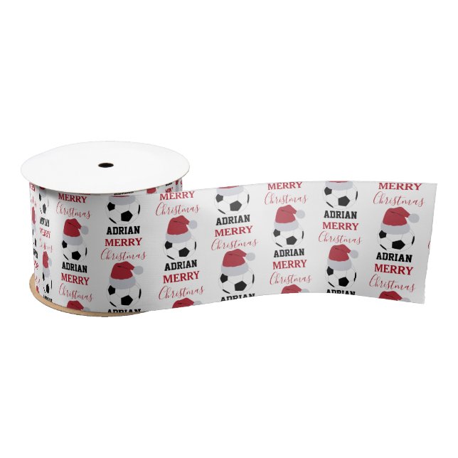 Christmas Soccer Ball Sports Football Custom Name Satin Ribbon (Spool)