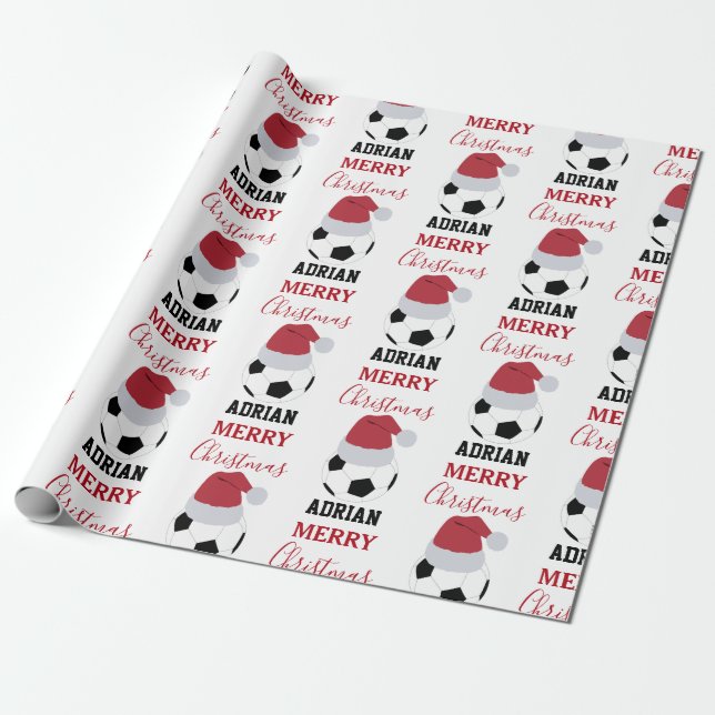 Christmas Soccer Ball Sports Football Custom Name Wrapping Paper (Unrolled)