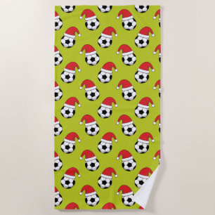 Christmas Soccer Ball With Santa Claus Hat Pattern Beach Towel