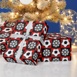 Christmas Soccer Balls and Snowflakes Red & Black Wrapping Paper
