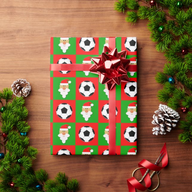 Christmas Soccer Balls & Santa Clause Red & Green Wrapping Paper (Holiday Gift)