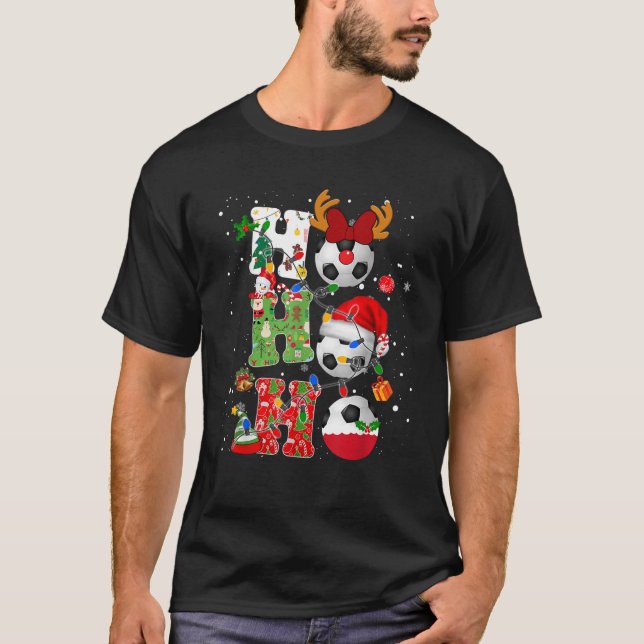 Christmas Soccer Ho Ho Ho Santa Reindeer Xmas Ligh T-Shirt (Front)