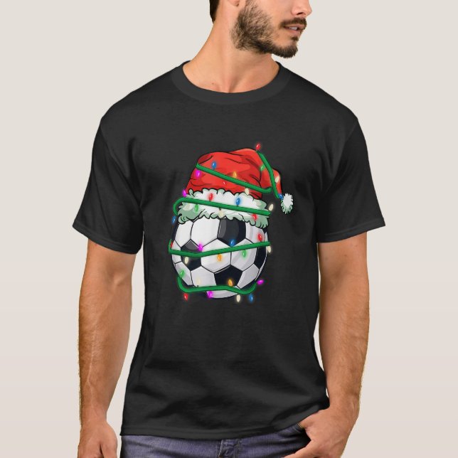 Christmas Soccer In Santa Hat In Holiday Xmas Ligh T-Shirt (Front)