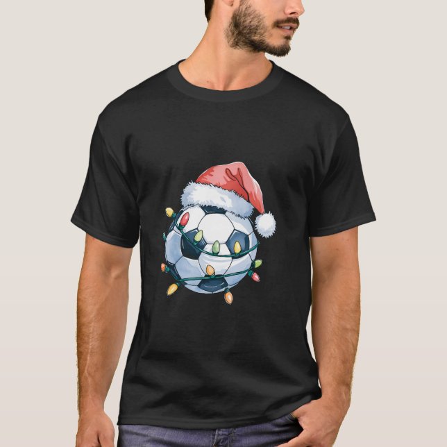 Christmas Soccer Player Fan Santa Hat Xmas Lights  T-Shirt (Front)