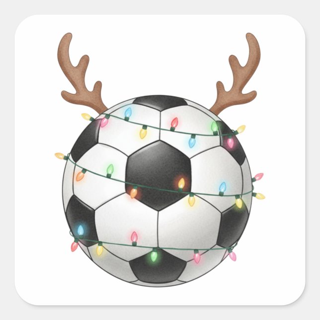 Christmas Soccer Reindeer Football Lights Square Sticker (Front)