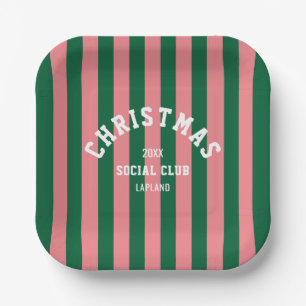 Christmas Social Club Green Pink Candy Stripes Paper Plate