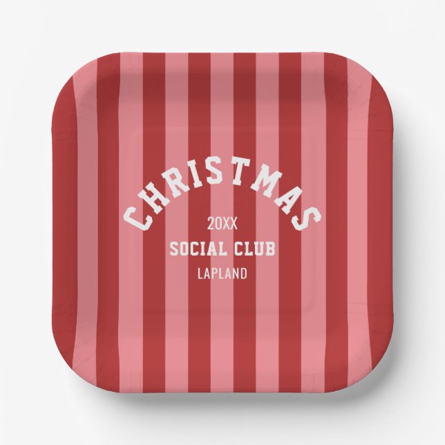 Christmas Social Club Red Pink Candy Stripes Paper Plate (Front)