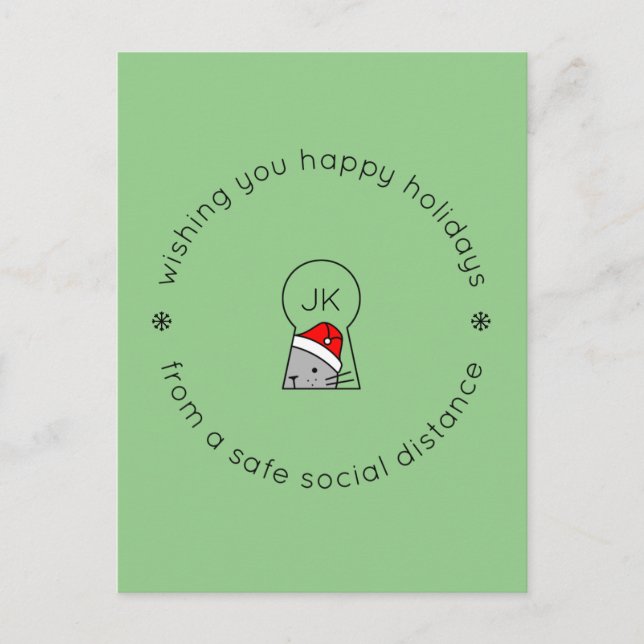 Christmas Social Distance Monogram Cat Green Holiday Postcard (Front)