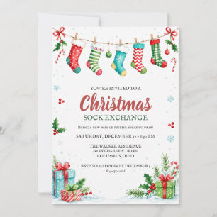 Christmas Sock Exchange Watercolor Stockings Party Invitation