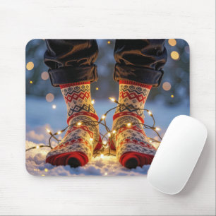 Christmas Socks and Holiday Lights in Snow Mouse Mat