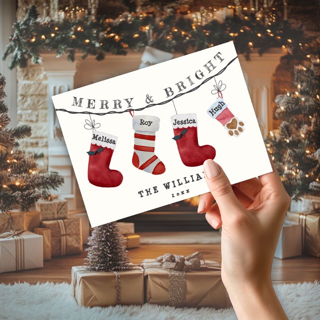 Christmas socks Family Name Pet Owners Non Photo Holiday Card (Christmas socks Family Name and Pet Name Non Photo holiday Card)