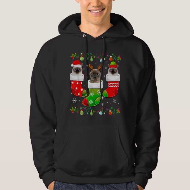 Christmas Socks Funny Siamese Cat Lover Xmas Light Hoodie (Front)