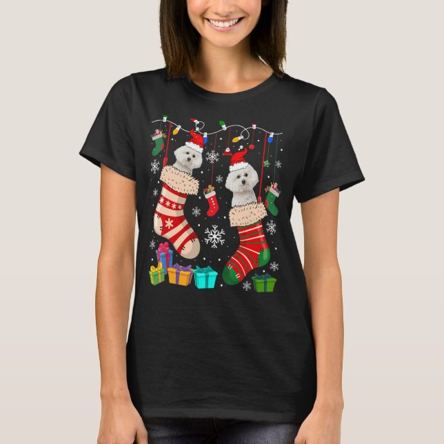 Christmas Socks Pajama Bichon Frise Dog Puppy T-Shirt (Front)