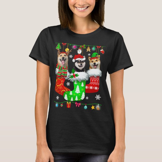 Christmas Socks Pajama Shiba Inu Dog Puppy Lover T-Shirt (Front)