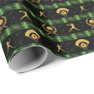 Christmas Softball Player - Girls Green Check Wrapping Paper