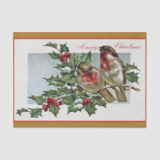 Christmas Songbirds on Branch of Holly and Berries Tissue Paper