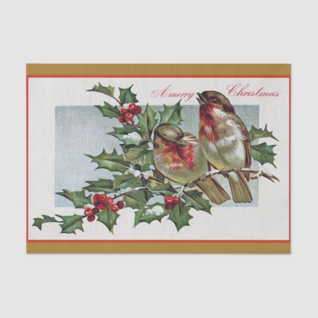 Christmas Songbirds on Branch of Holly and Berries Tissue Paper (Front)