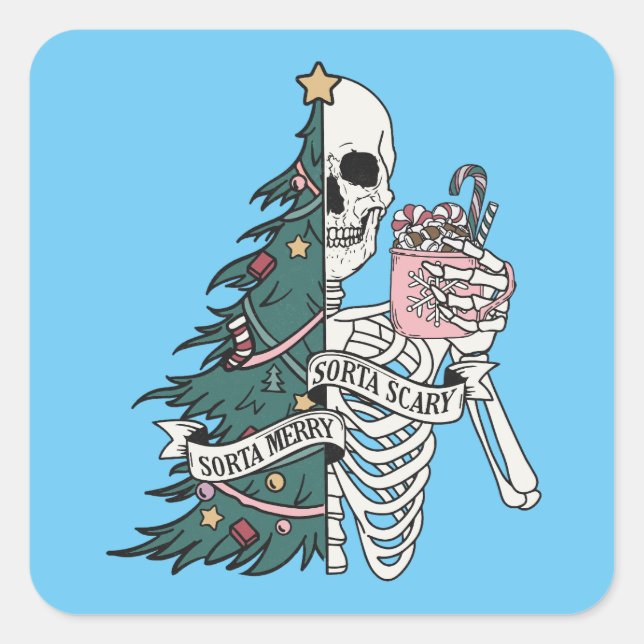 Christmas Sorta Scary Sorta Merry Funny Skeleton  Square Sticker (Front)