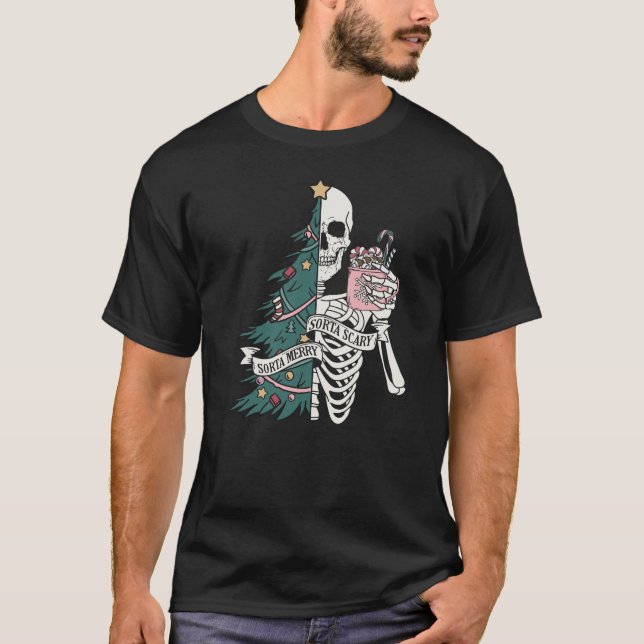 Christmas Sorta Scary Sorta Merry Funny Skeleton  T-Shirt (Front)