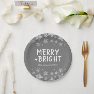 Christmas Sparkle Stars Merry bright Family name Paper Plate