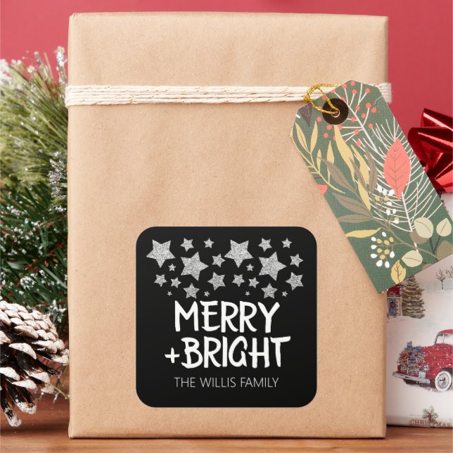Christmas Sparkle Stars Merry bright Family name Square Sticker (Holiday)