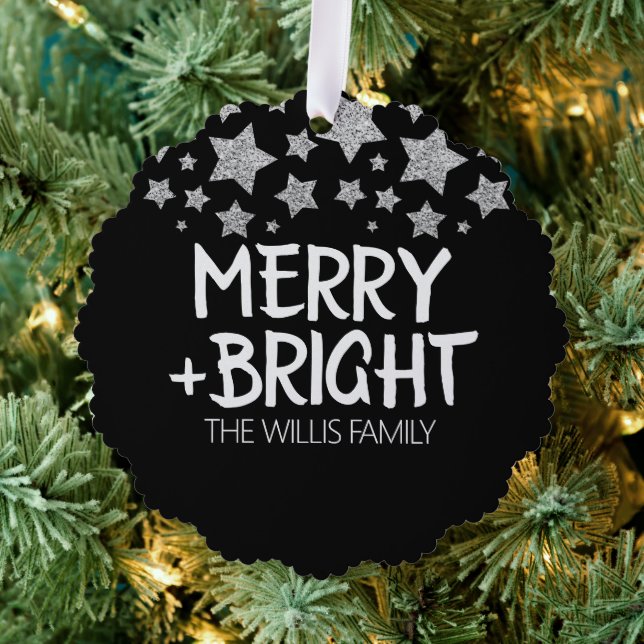 Christmas Sparkle Stars Merry bright Family name Tree Decoration Card (Insitu (Tree))
