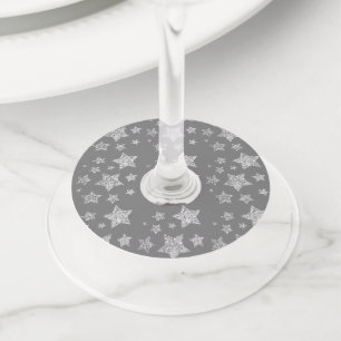 Christmas Sparkle Stars silver pattern on grey Wine Glass Tag
