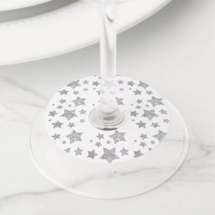 Christmas Sparkle Stars silver pattern on white Wine Glass Tag