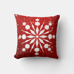 Christmas Sparkling Red Background Snowflakes Cushion
