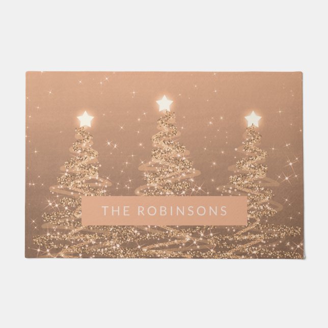 Christmas Sparkling Trees Copper Family Name   Doormat (Front)