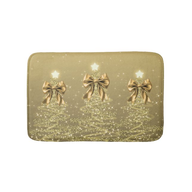 Christmas Sparkling Trees Gold Faux Bow  Bath Mat (Front)