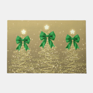 Christmas Sparkling Trees Gold Faux Green Bow Doormat