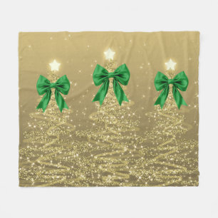 Christmas Sparkling Trees Gold Faux Green Bow  Fleece Blanket