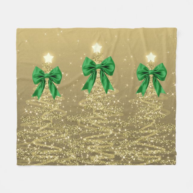 Christmas Sparkling Trees Gold Faux Green Bow  Fleece Blanket (Front (Horizontal))