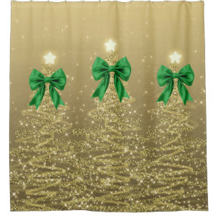 Christmas Sparkling Trees Gold Faux Green Bow Shower Curtain