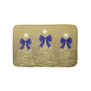 Christmas Sparkling Trees Gold Faux Navy Bow Bath Mat