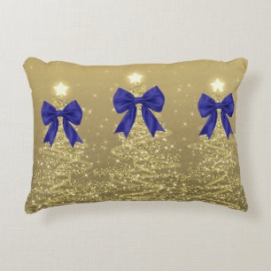 Christmas Sparkling Trees Gold Faux Navy Bow Decorative Cushion