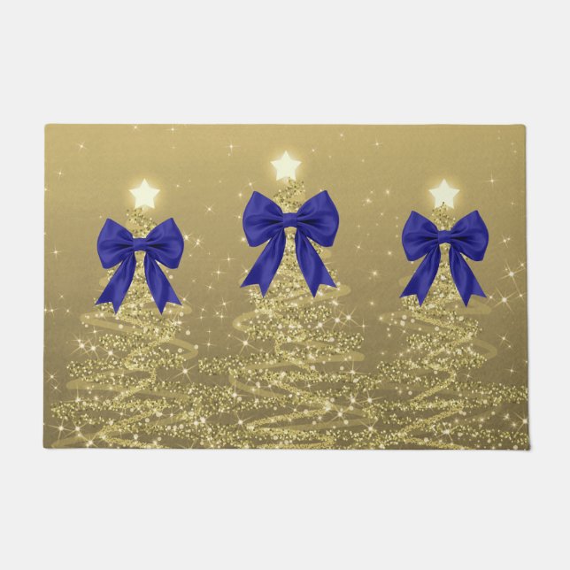 Christmas Sparkling Trees Gold Faux Navy Bow  Doormat (Front)