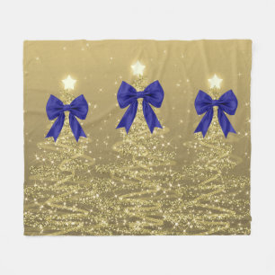 Christmas Sparkling Trees Gold Faux Navy Bow  Fleece Blanket