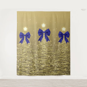 Christmas Sparkling Trees Gold Faux Navy Bow Tapestry