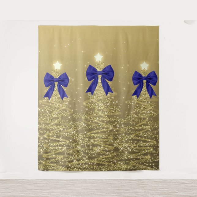 Christmas Sparkling Trees Gold Faux Navy Bow  Tapestry (Front)