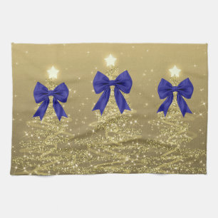 Christmas Sparkling Trees Gold Faux Navy Bow  Tea Towel