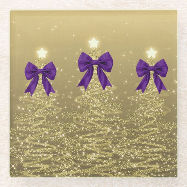 Christmas Sparkling Trees Gold Faux Purple Bow  Glass Coaster (Front)